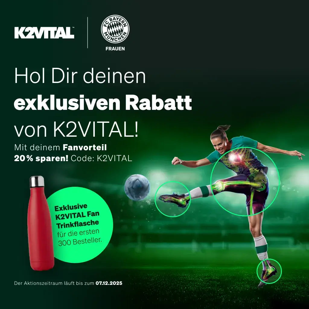 Werbebild für K2VITAL, das einen Rabatt von 20 % und eine rote Wasserflasche für die ersten 300 Kunden anbietet und eine Fußballspielerin zeigt, die einen Ball kickt.