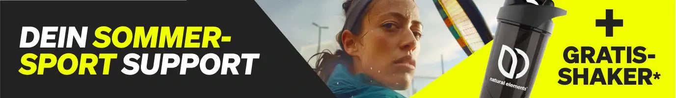 Eine Frau in Sportkleidung sieht entschlossen aus; der Text lautet "Dein Sommersport Support + Gratis Shaker", und rechts ist eine schwarze Shaker-Flasche abgebildet.
