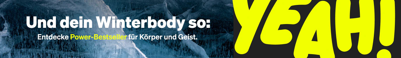 Eine fette Grafik mit deutschem Text: "Und dein Winterbody so: Entdecke Power-Bestseller für Körper und Geist." Großes gelbes "YEAH!" auf der rechten Seite.